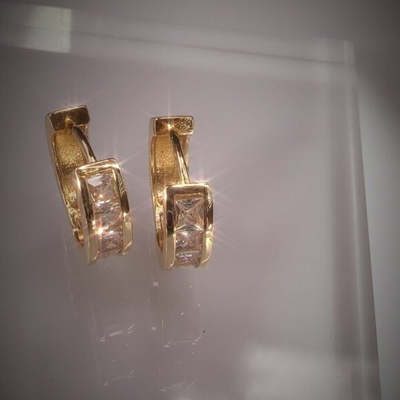 Gold Plated Hoop Earrings With Square CZ Stones - Picture 1 of 4